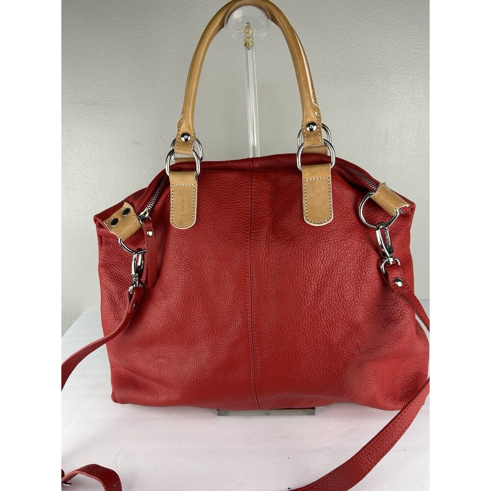 Pulcati italian Red Leather Satchel Tote Or Shoulder Bag Slouch Tan Trim
